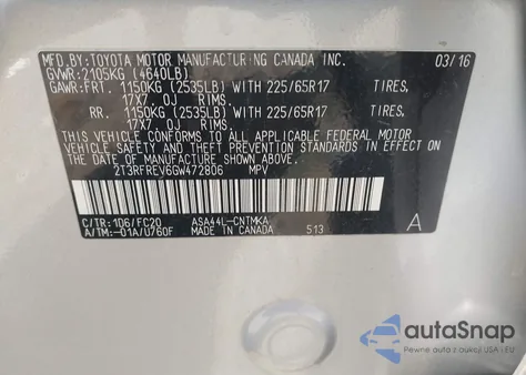 2016 Toyota Rav4 Xle z USA, uszkodzony, nr VIN 2T3RFREV6GW472806